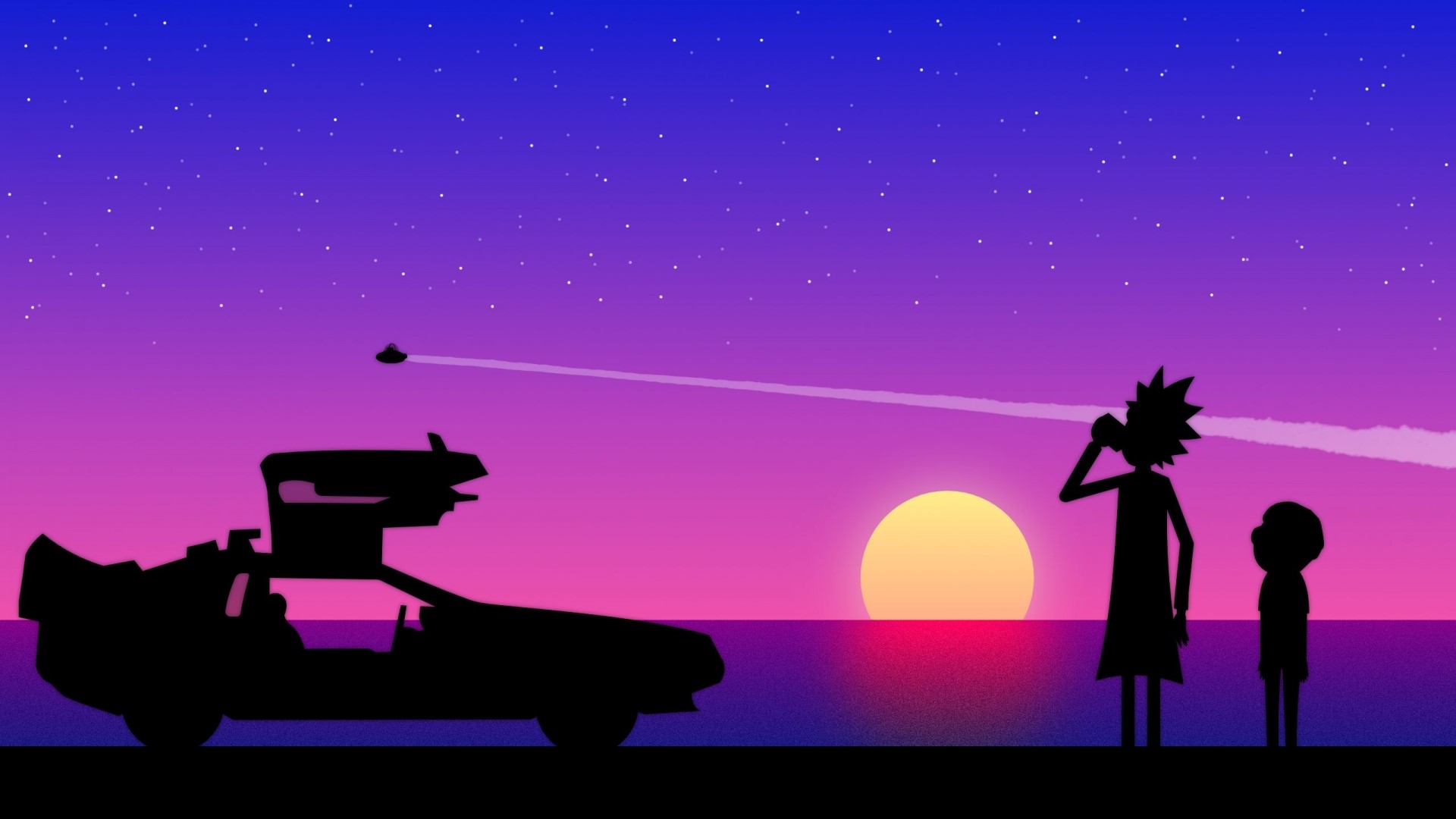Rick and Morty silhouettes with DeLorean and UFOs at sunset HD Wallpaper