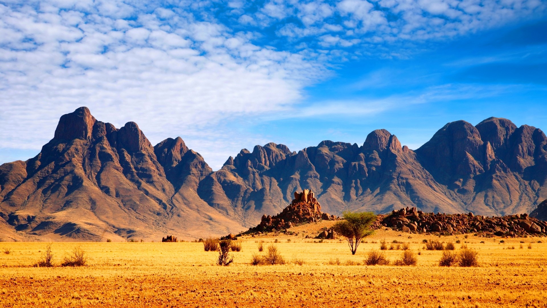 African Savanna with Mountains and Blue Sky HD Wallpaper