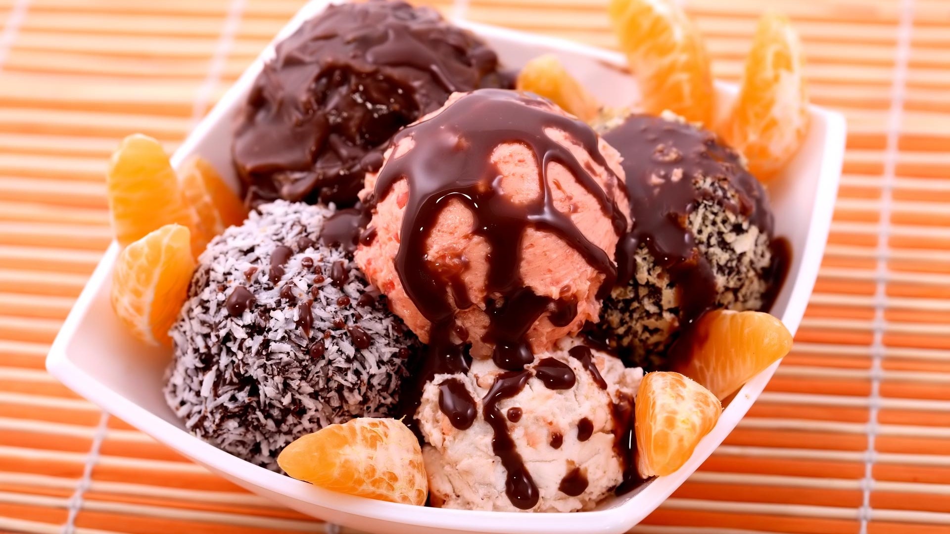 Chocolate ice cream dessert with orange slices HD Wallpaper