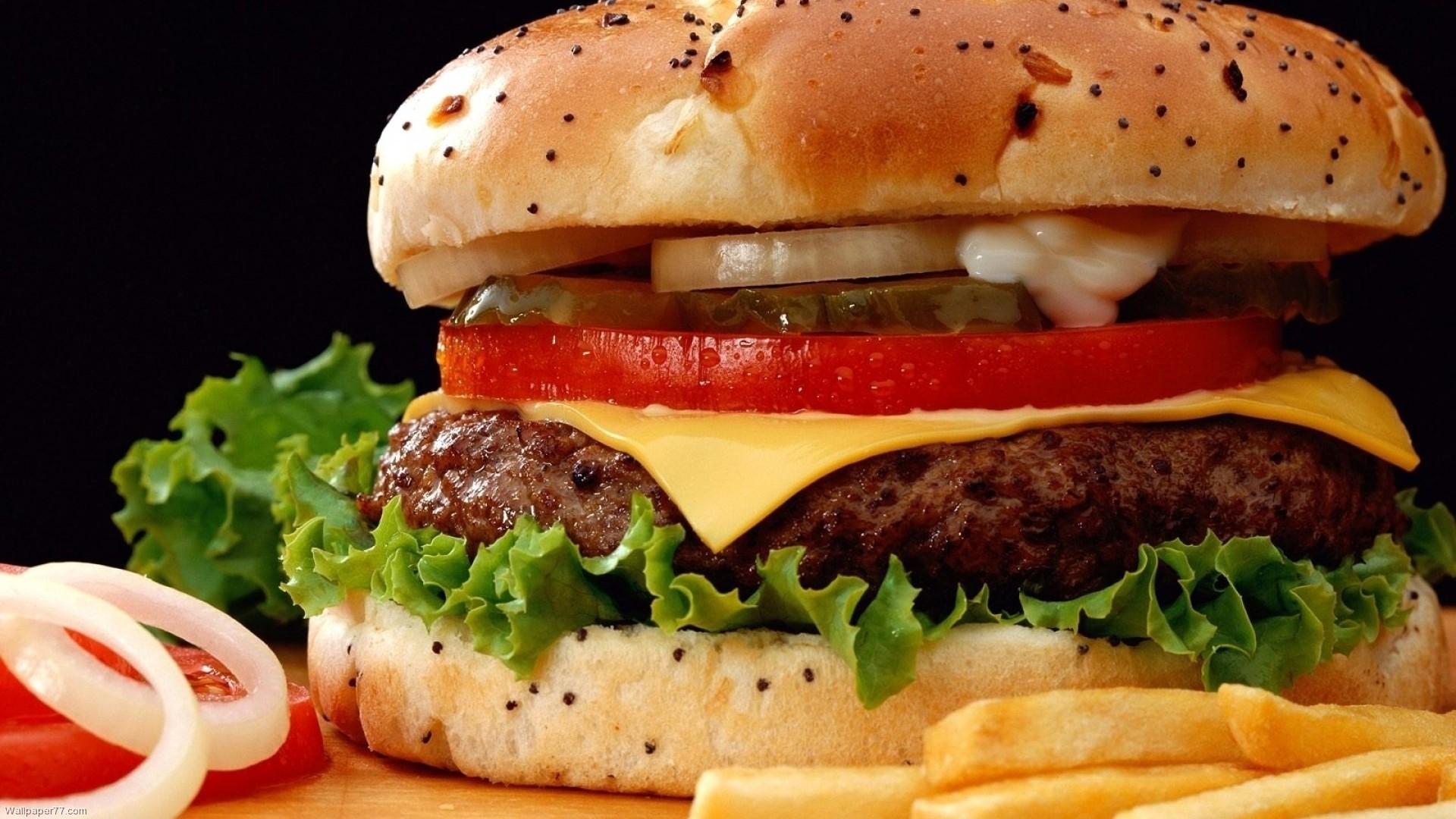 Burger with cheese, lettuce, tomato, onion, pickles, and fries HD Wallpaper