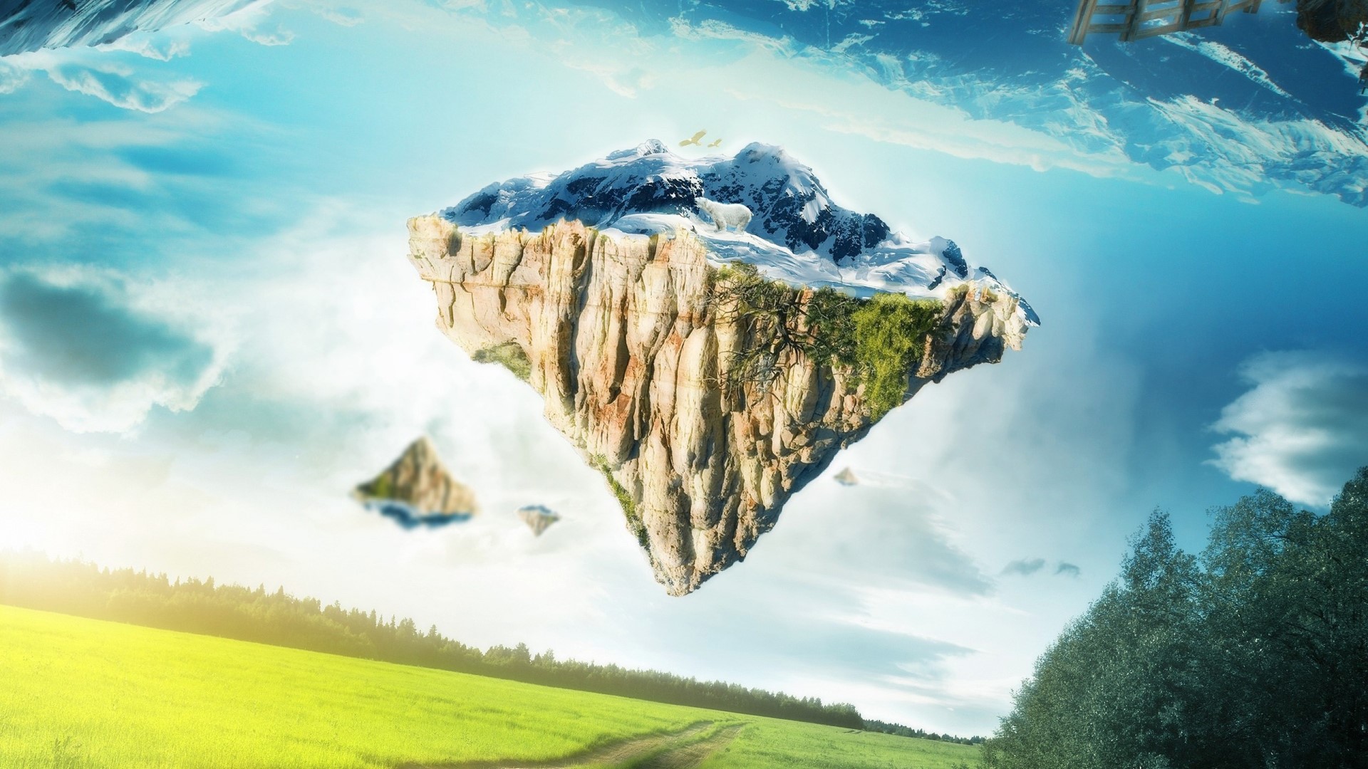 Floating islands with mountains and clouds HD Wallpaper