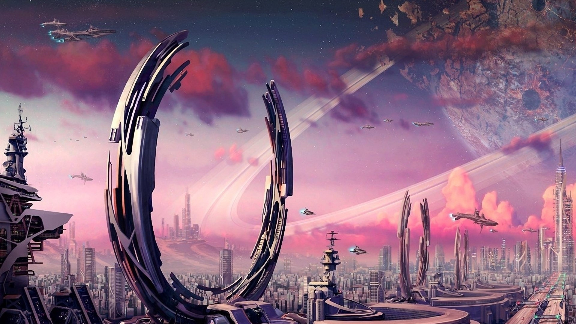 Futuristic Cityscape with Ringed Planet HD Wallpaper