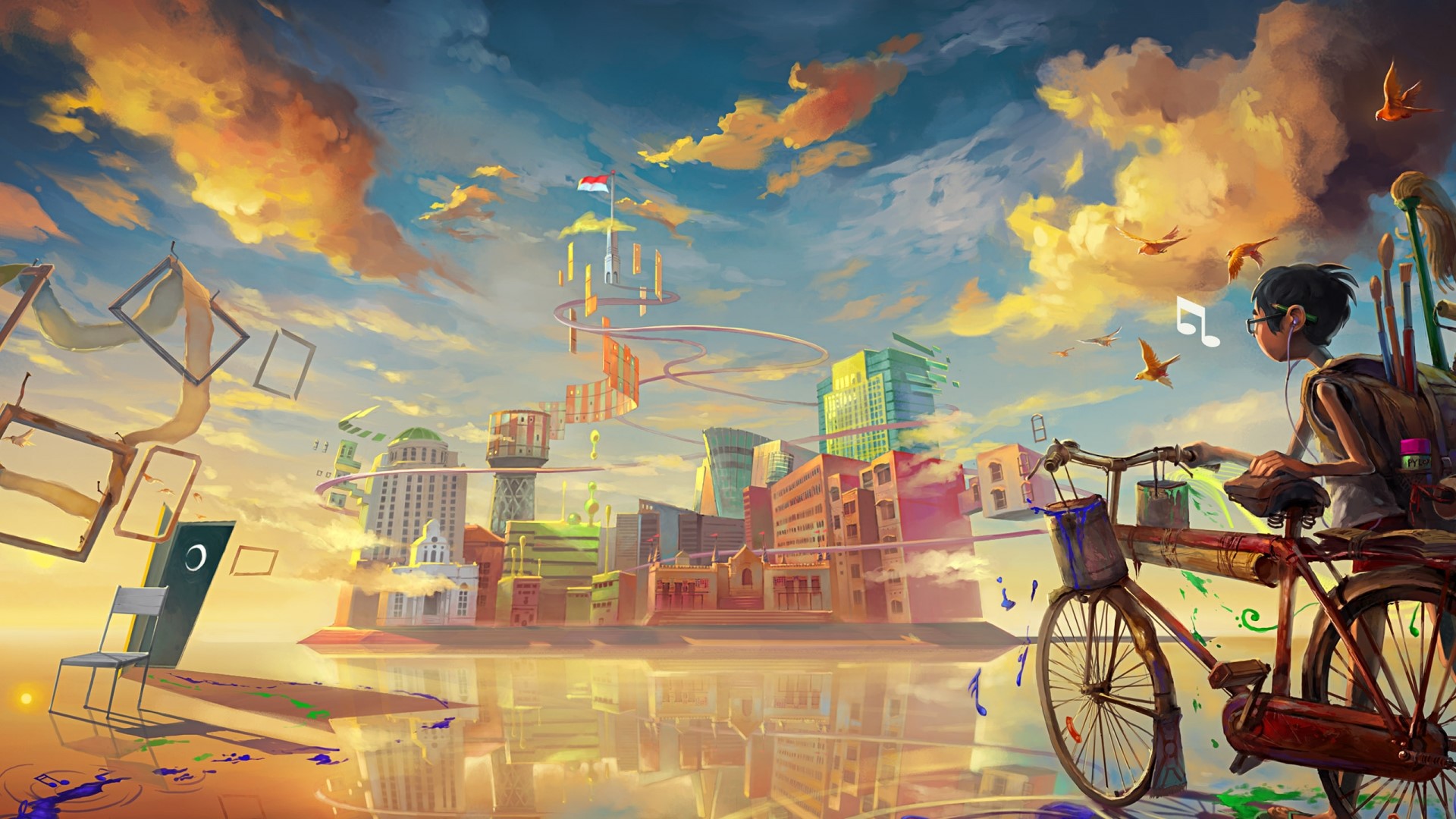 Boy on bicycle in surreal city with floating frames HD Wallpaper