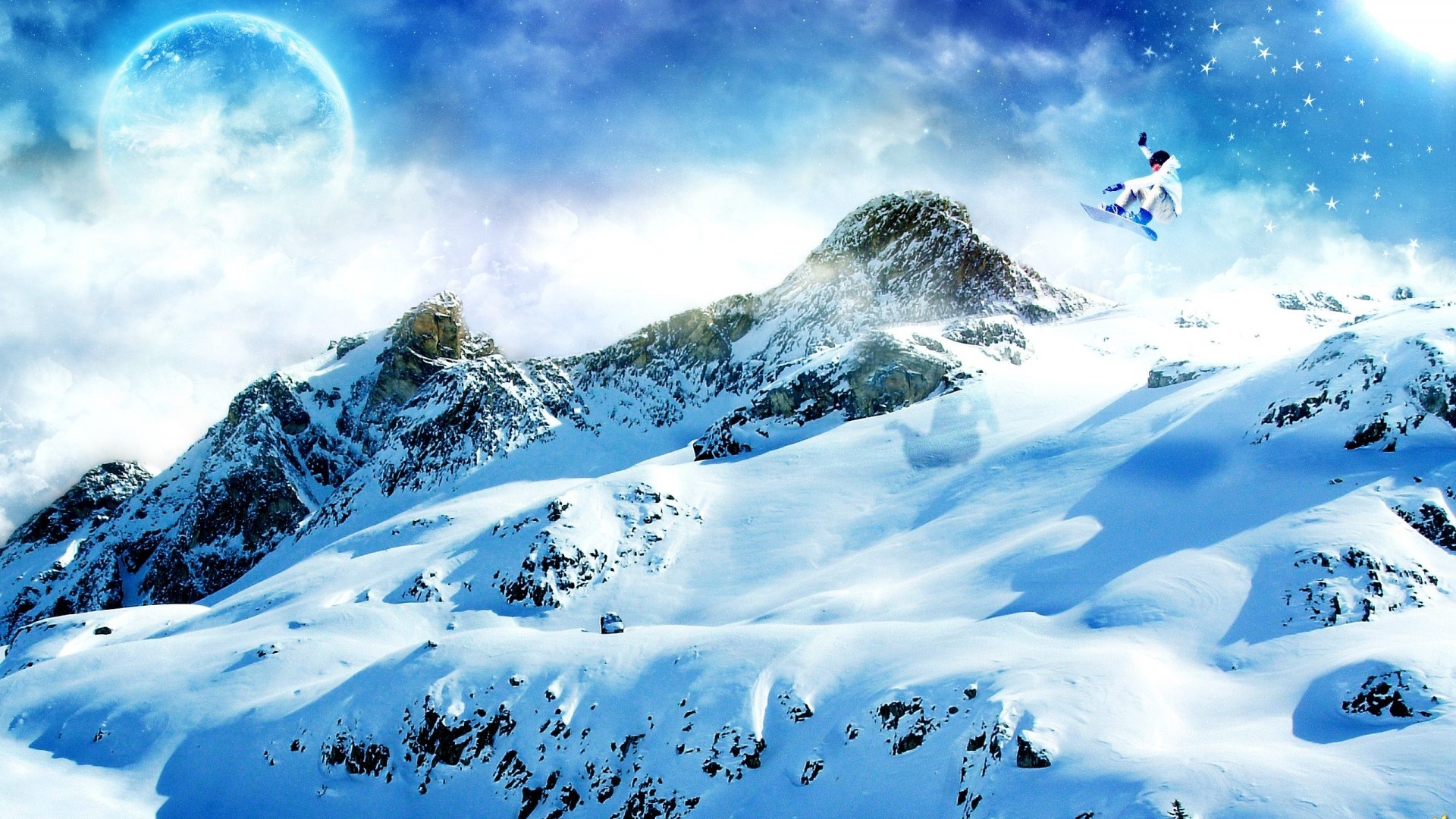 Snowboarder jumping over snowy mountains under a large moon HD Wallpaper
