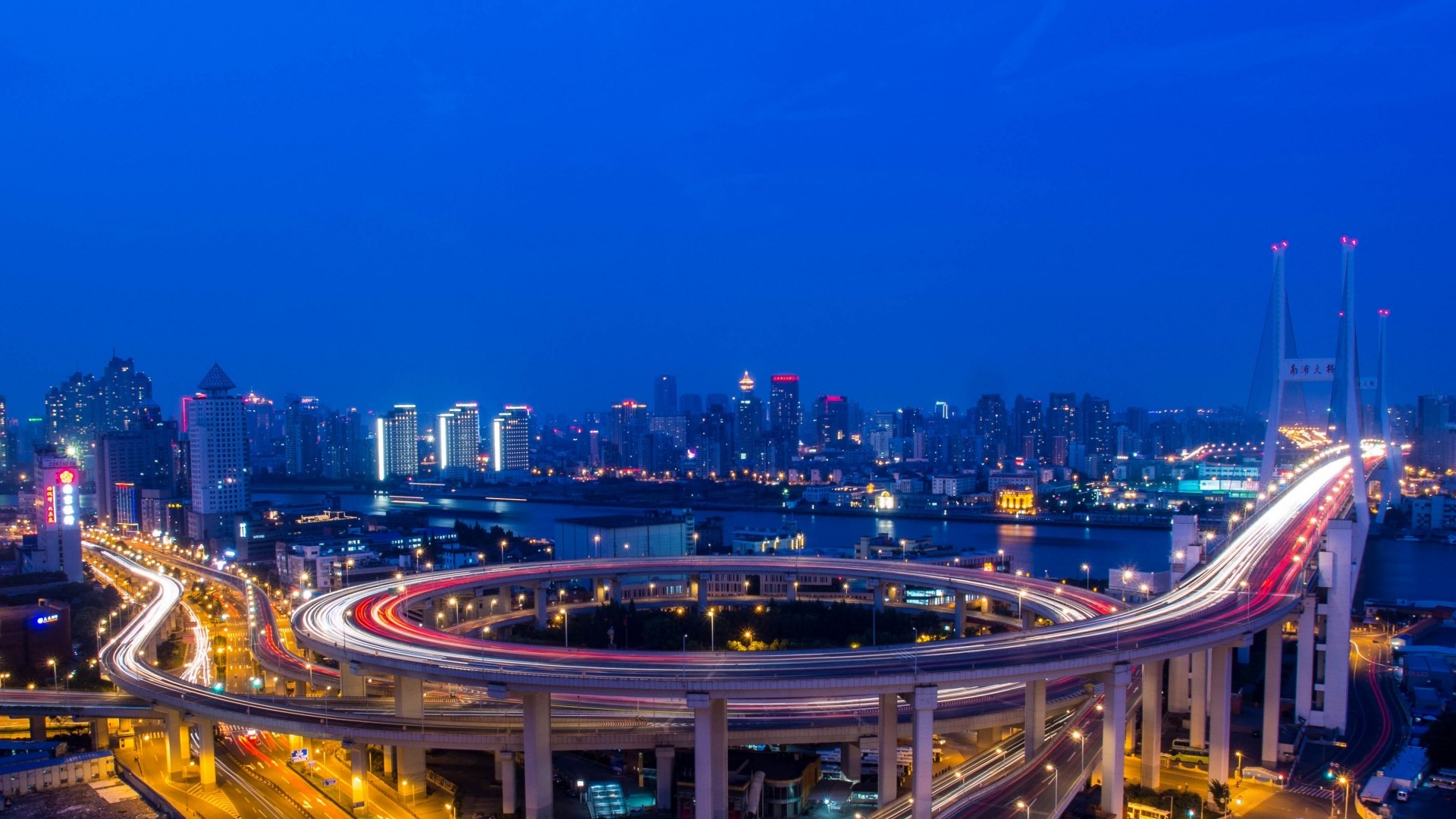 Nanpu Bridge and Cityscape in Shanghai, China at Night HD Wallpaper
