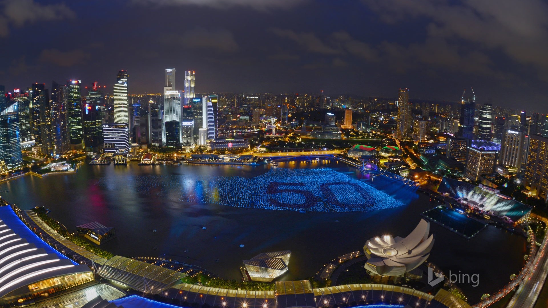 Singapore Skyline and Marina Bay at Night with "50" Light Display HD Wallpaper