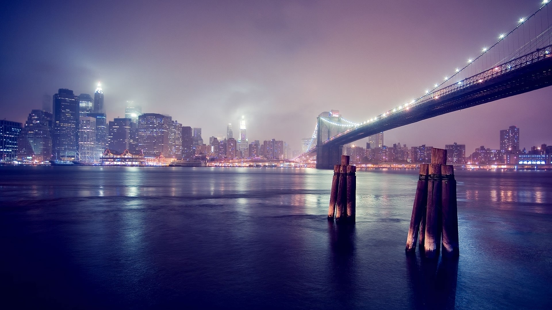 Brooklyn Bridge and New York City Skyline at Night HD Wallpaper