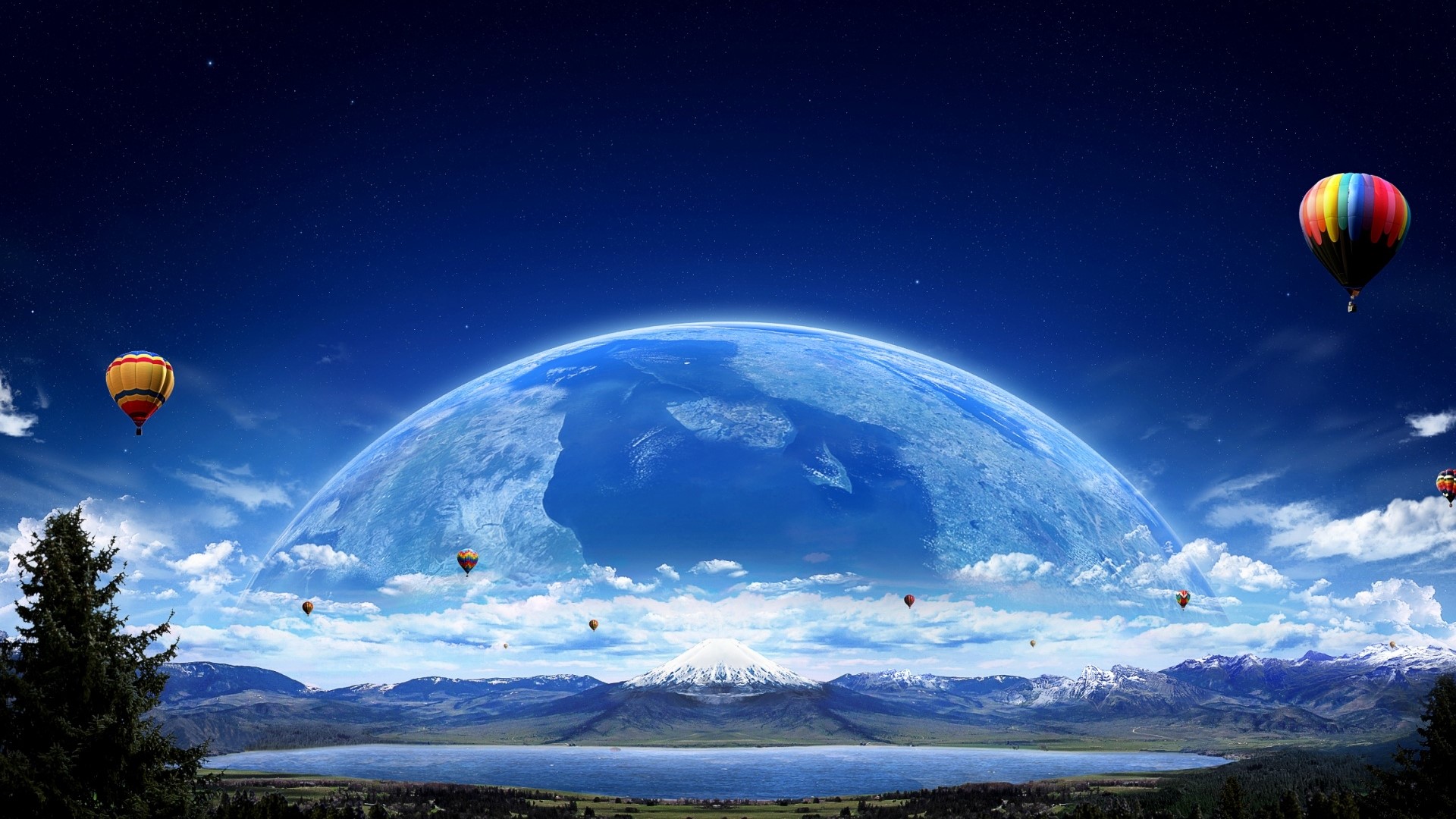 Hot Air Balloons Over Planet Landscape HD Wallpaper