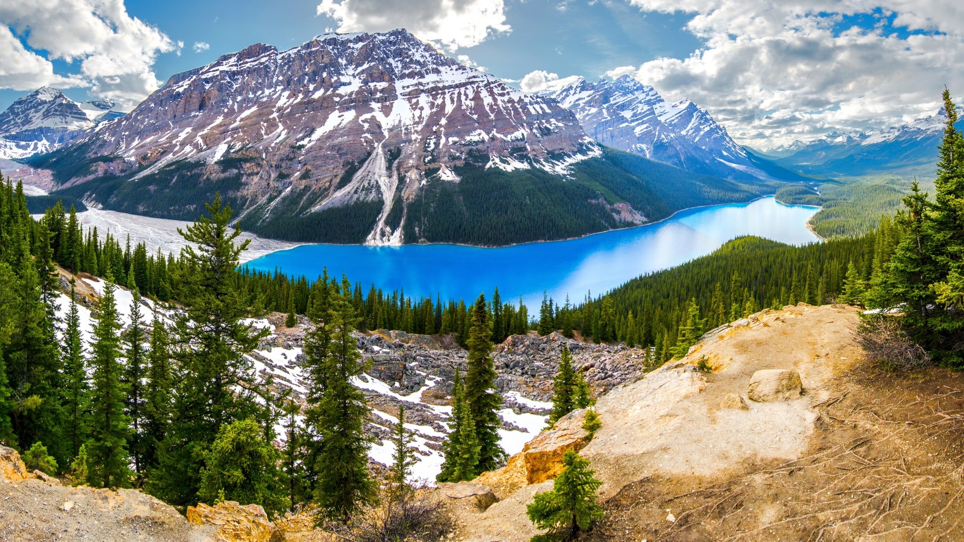 Snow-capped mountains and a blue lake with pine trees HD Wallpaper