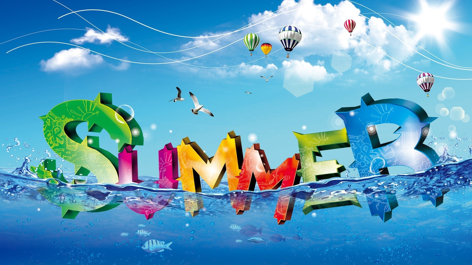Summer text in water with hot air balloons HD Wallpaper