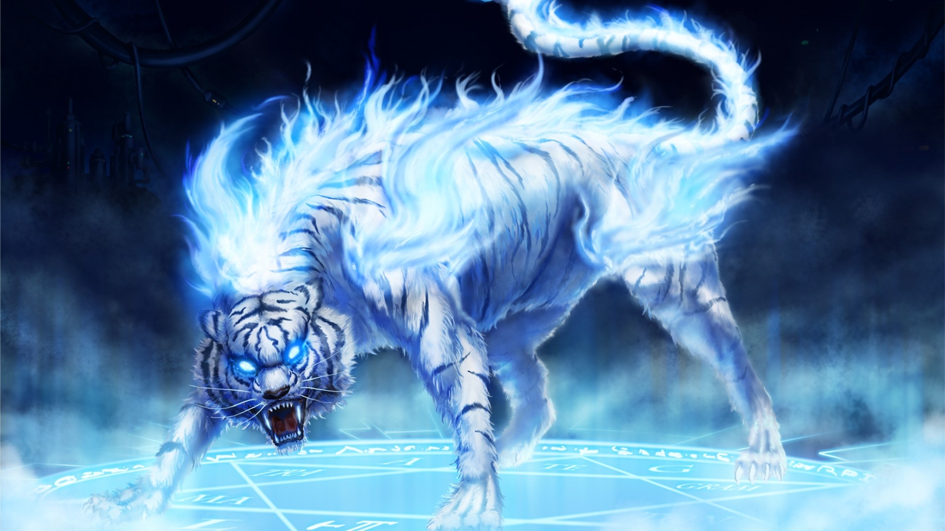 White tiger engulfed in blue flames on a magic circle HD Wallpaper
