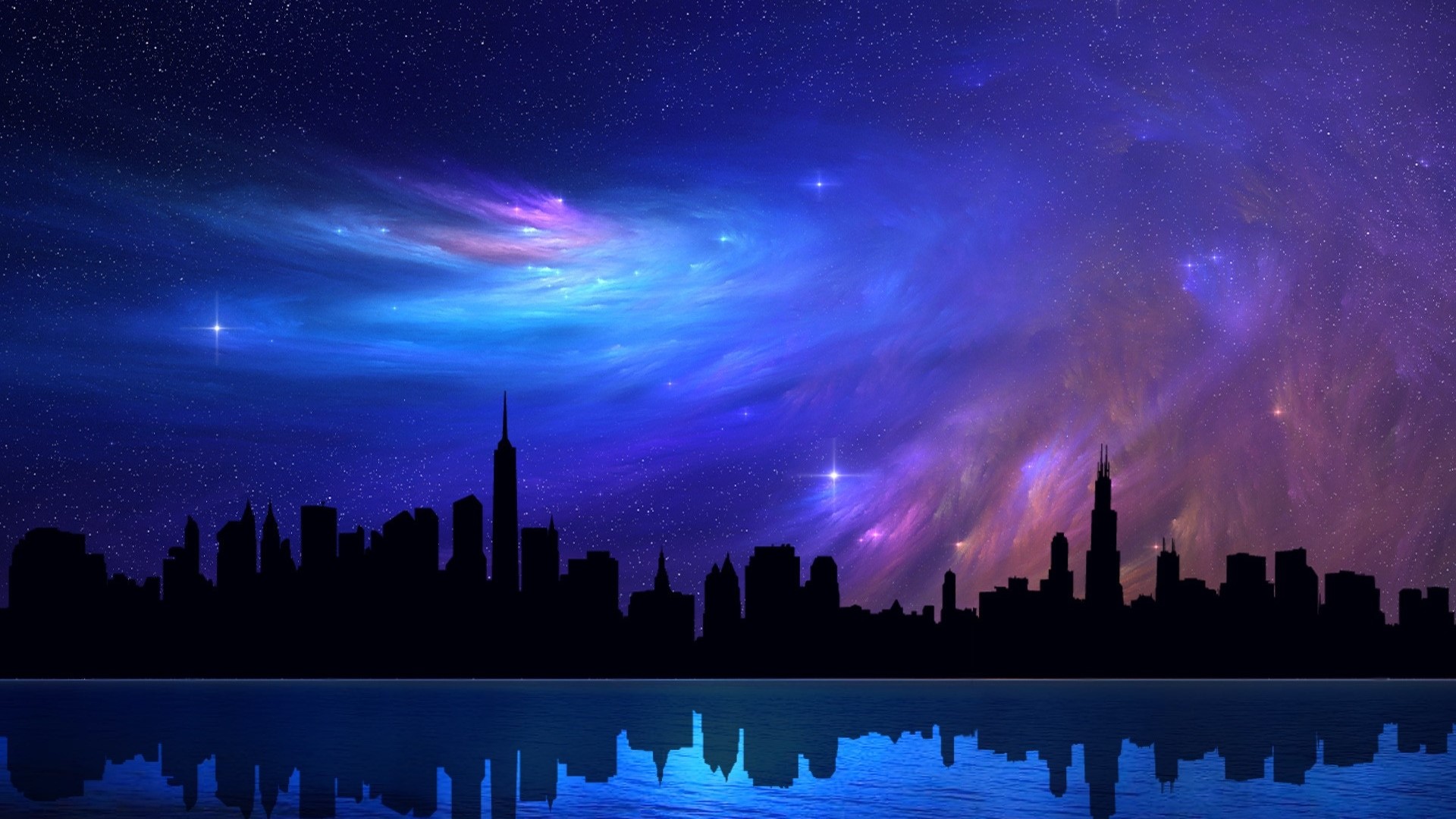 City Skyline Under a Colorful Nebula Sky HD Wallpaper