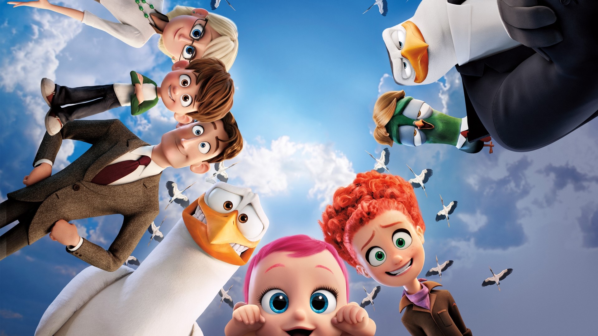 Storks characters and baby in the sky HD Wallpaper
