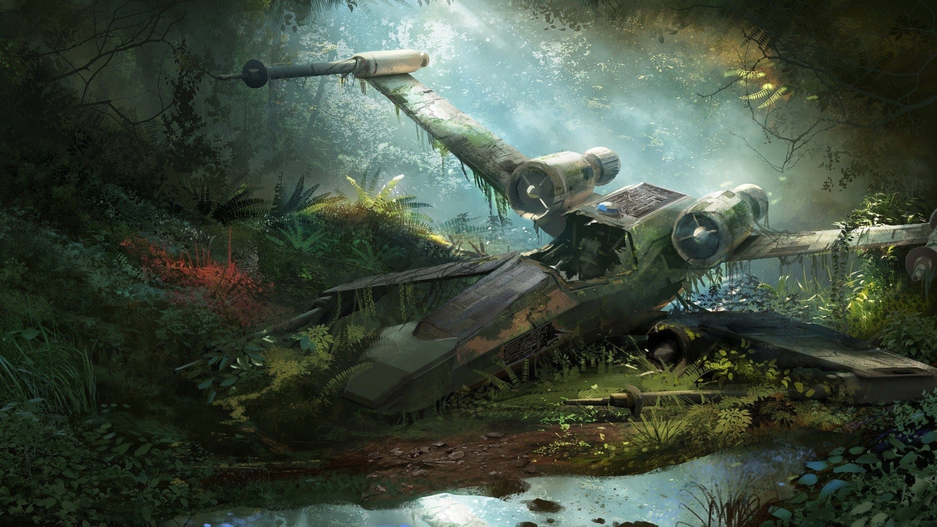 Abandoned X-Wing in a Forest HD Wallpaper