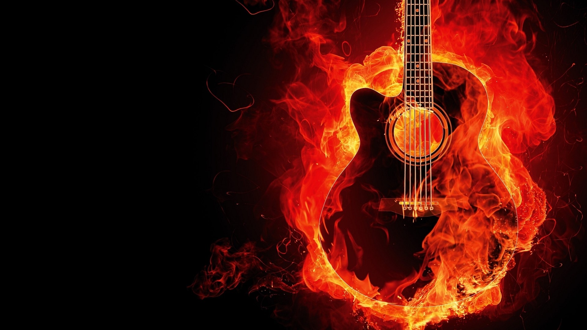 Acoustic guitar engulfed in flames HD Wallpaper