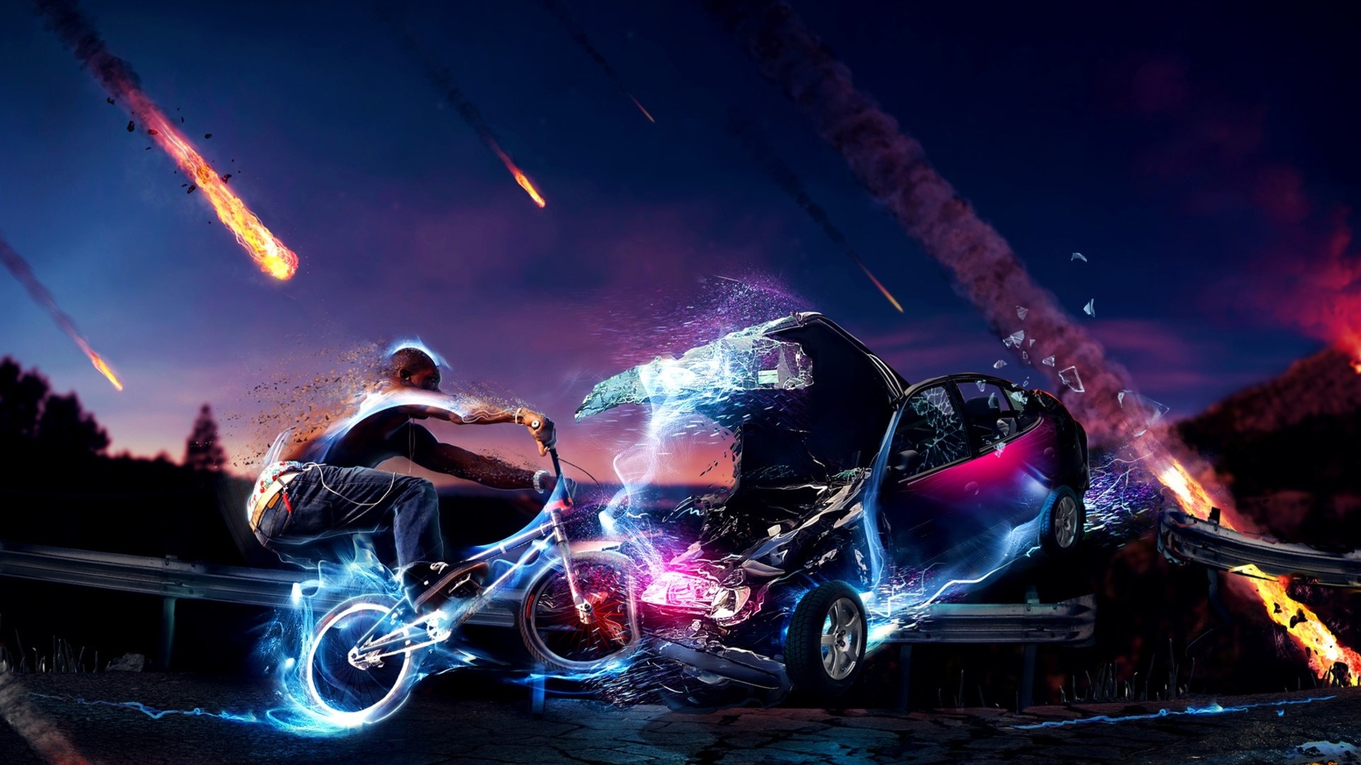BMX rider and car crash with meteors HD Wallpaper