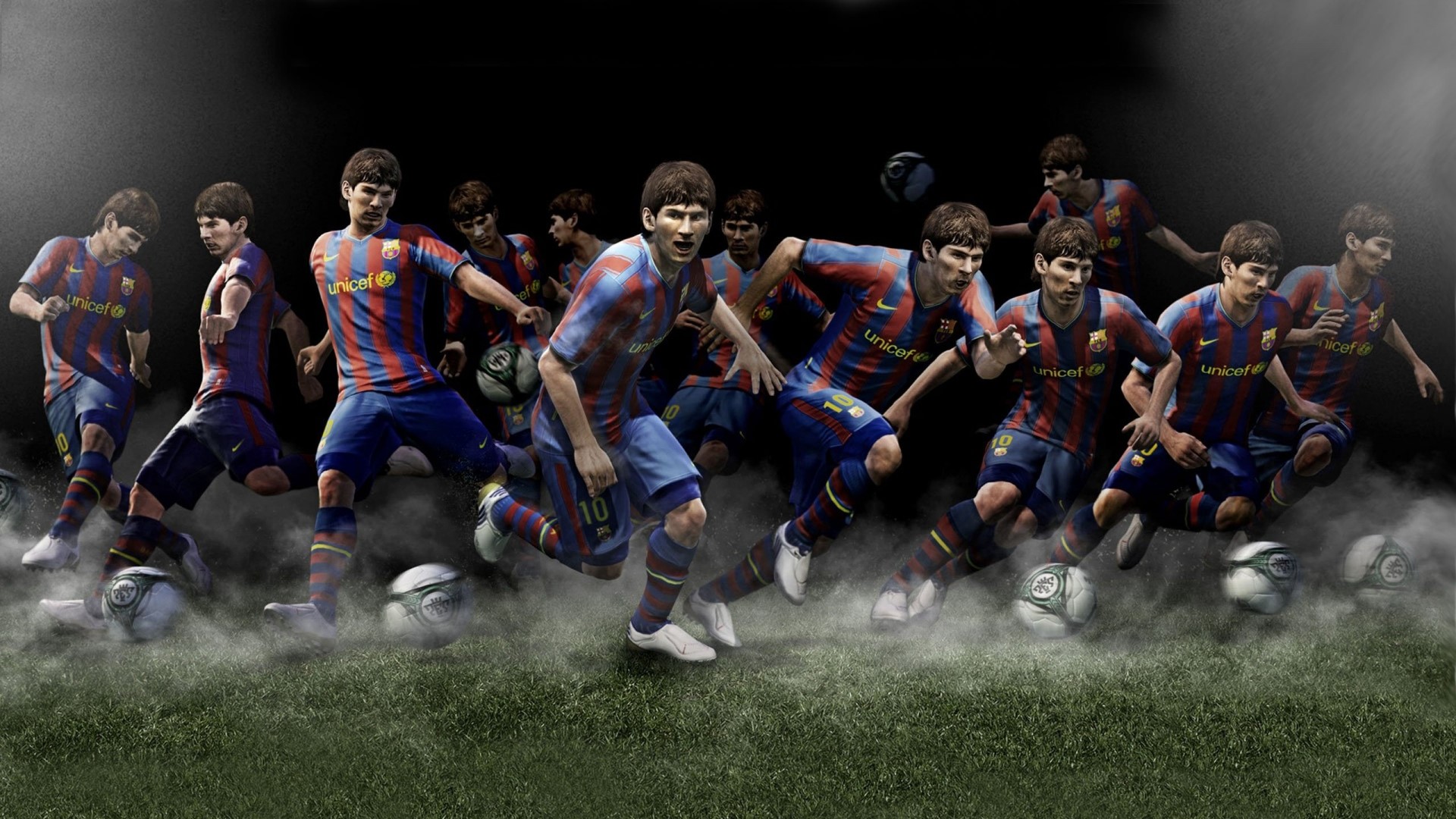 Lionel Messi and FC Barcelona players in action HD Wallpaper