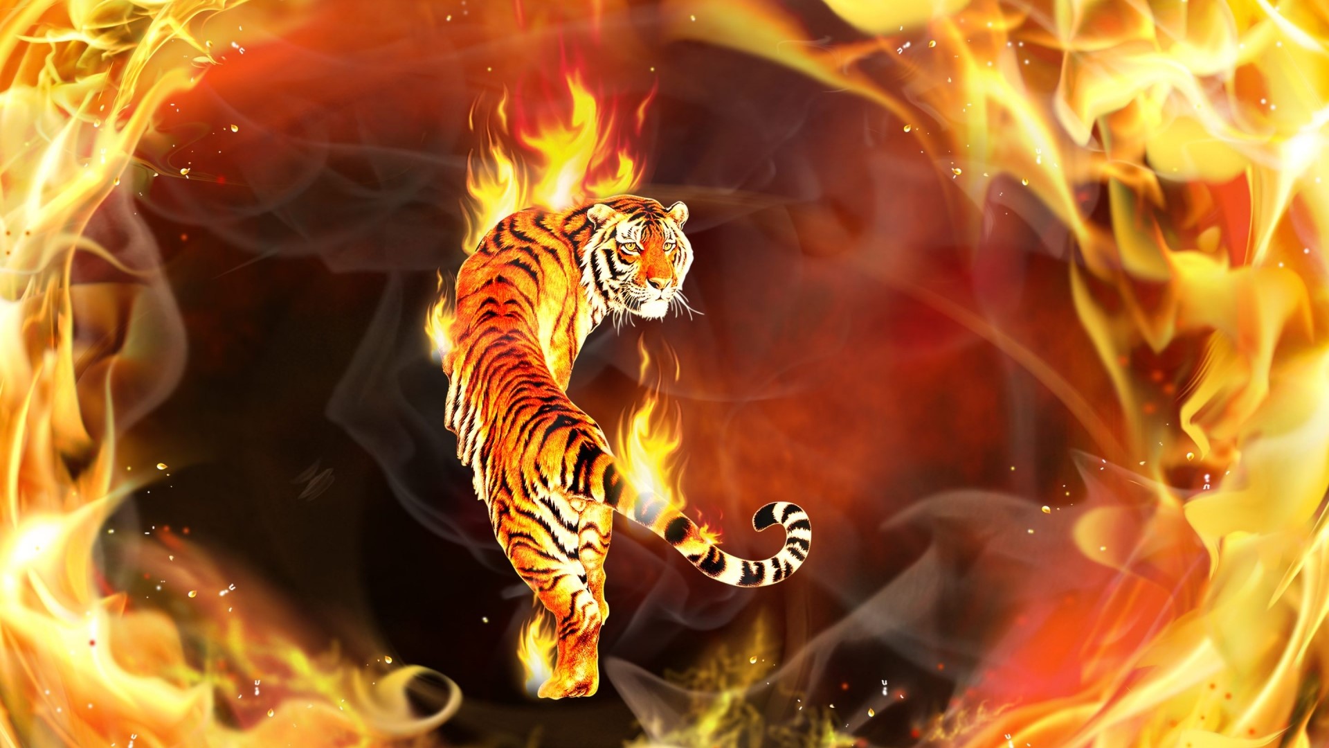 Tiger engulfed in flames HD Wallpaper