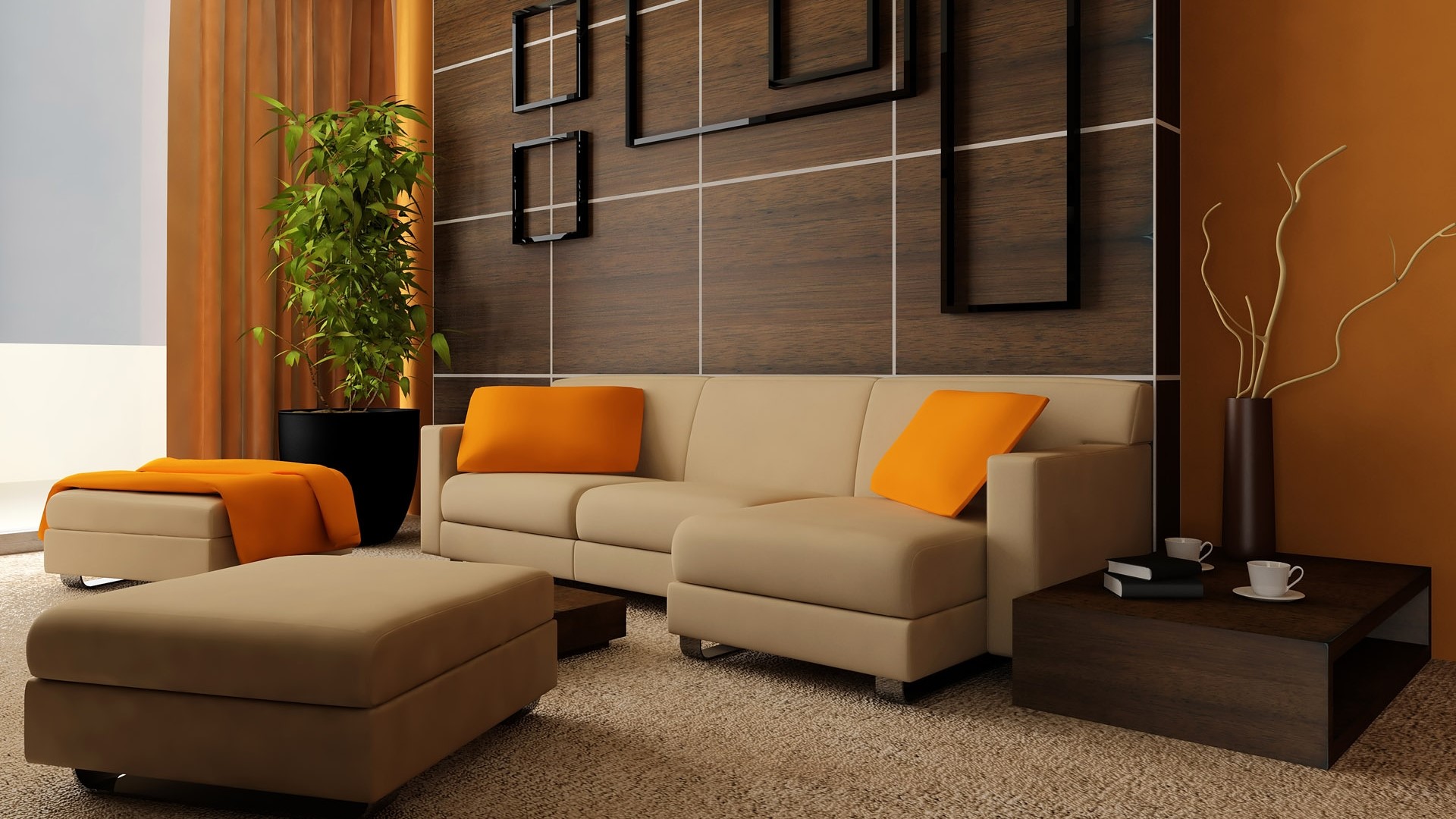 Modern Living Room with Beige Sofa and Orange Accents HD Wallpaper