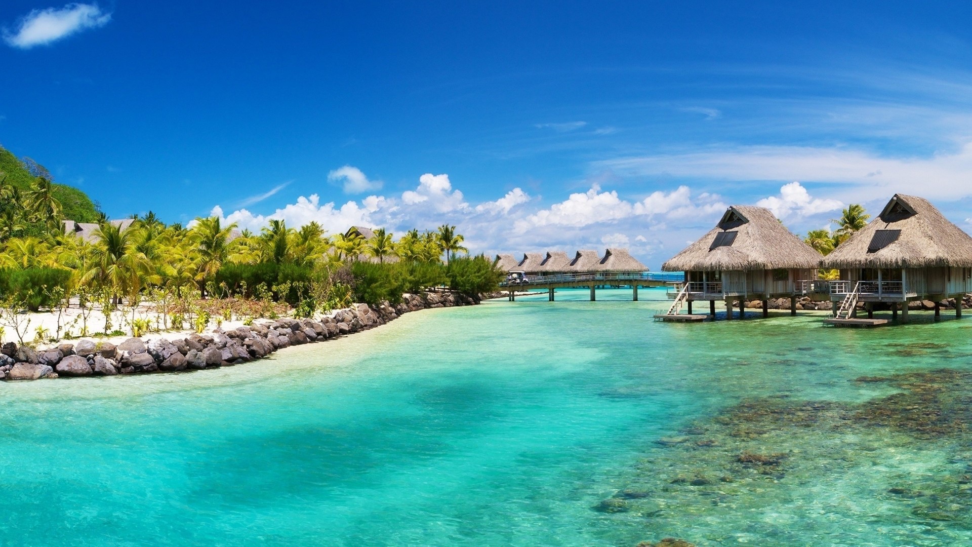 Bora Bora Tahiti Island Overwater Bungalows HD Wallpaper