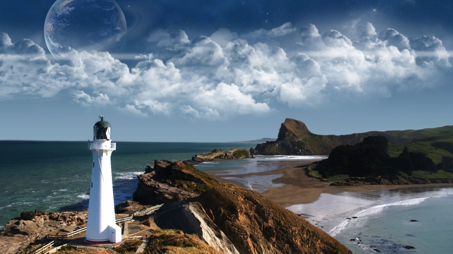 Lighthouse on a rocky coast with a planet in the sky HD Wallpaper