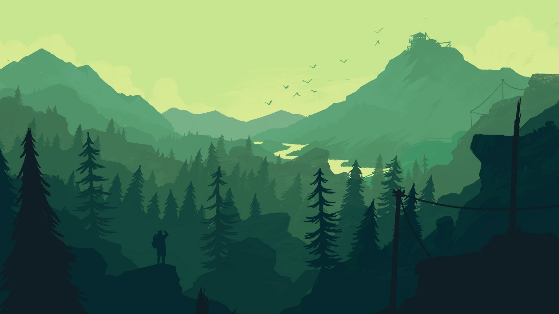 Firewatch illustration of mountains and forest HD Wallpaper