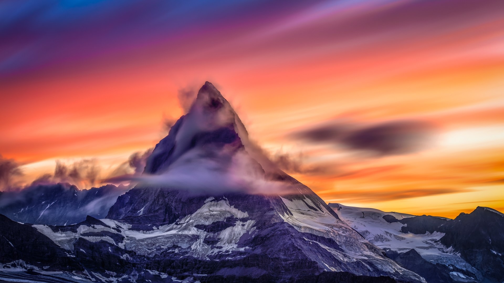Mountain Peak with Fiery Sunset Sky HD Wallpaper