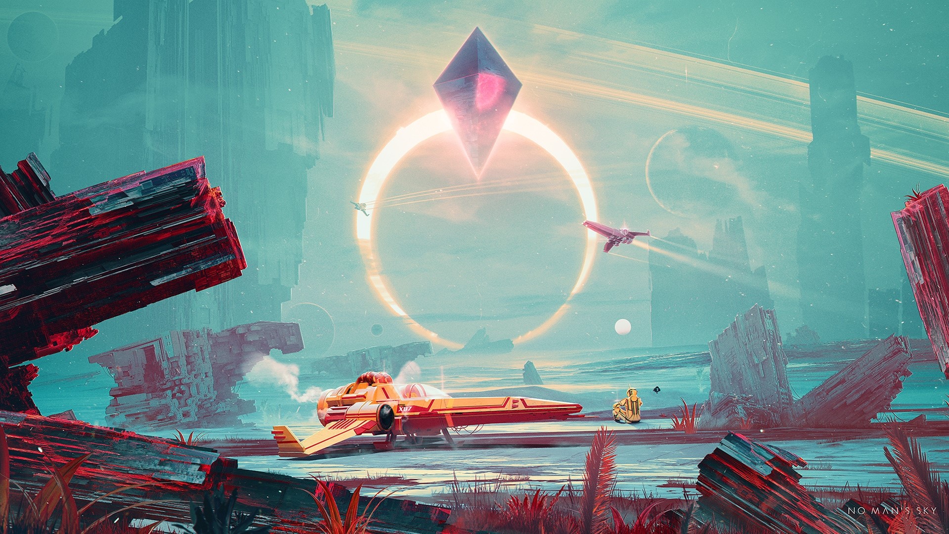 No Man's Sky alien planet with ships and structures HD Wallpaper