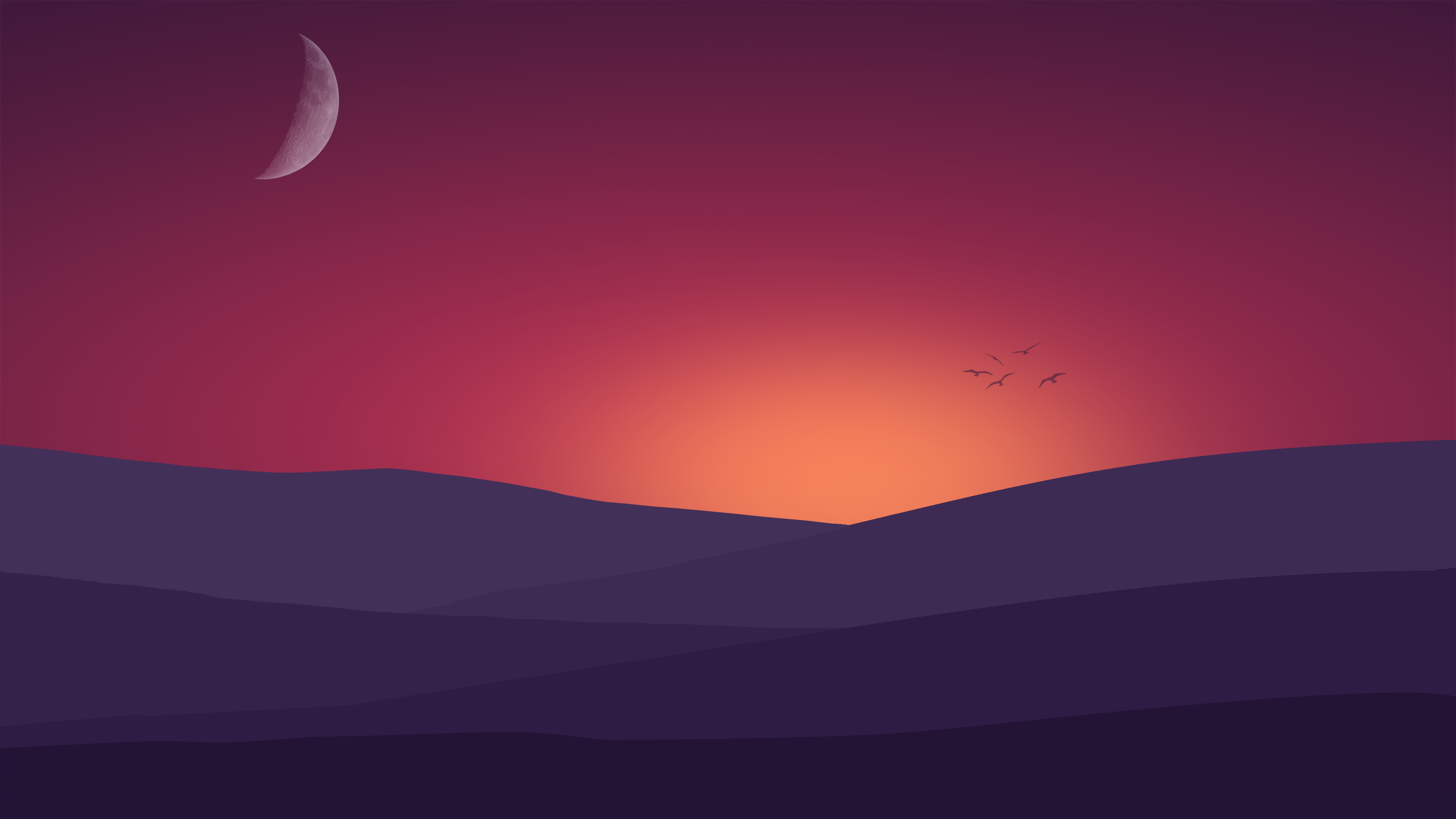 Minimalist Sunset Landscape with Moon and Birds 4K HD Wallpaper