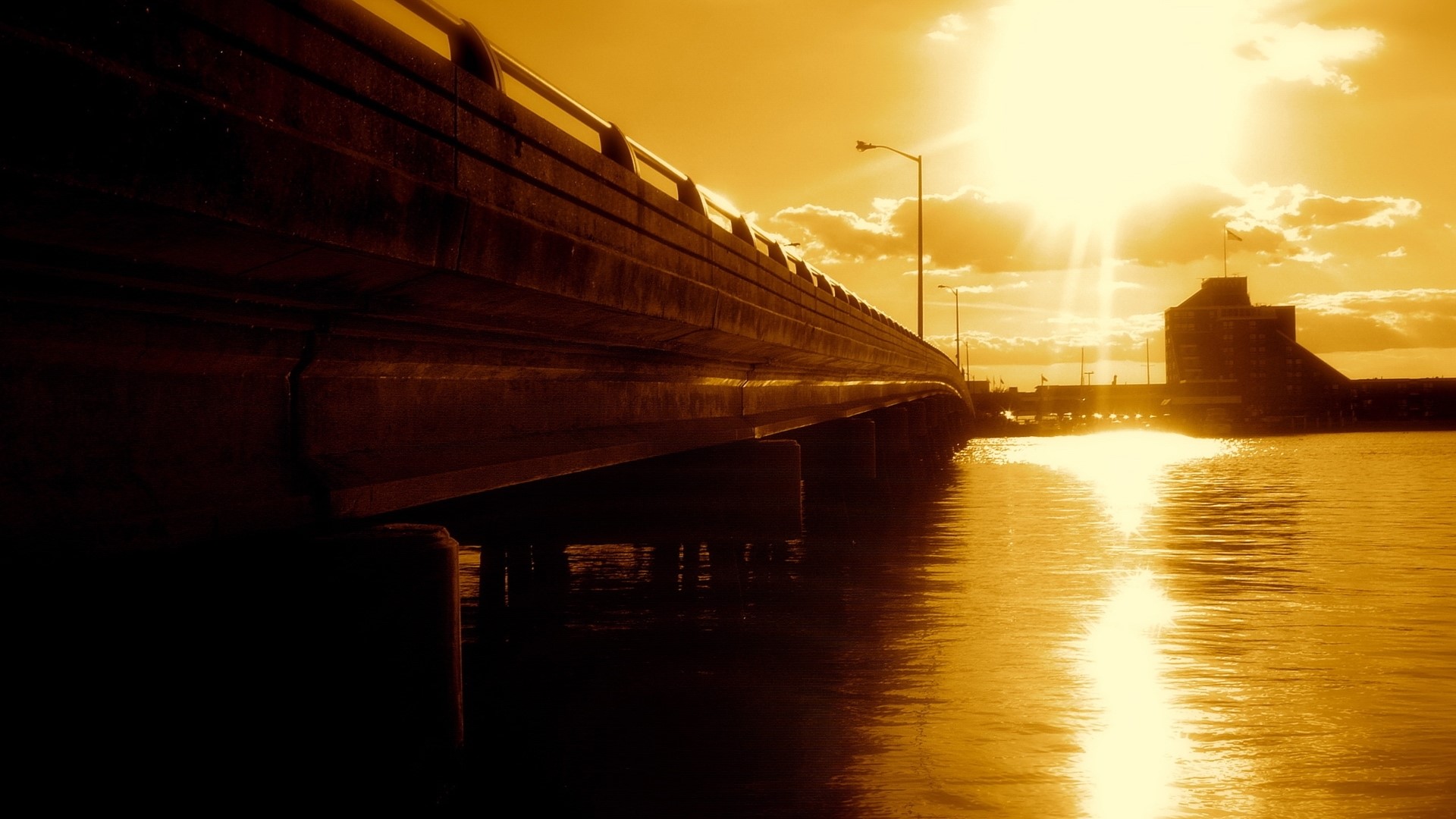 Bright Sun over Bridge and Water HD Wallpaper