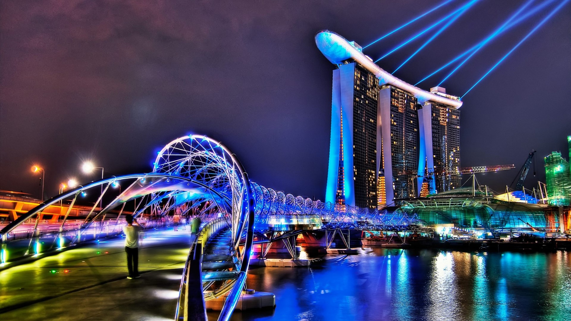 Helix Bridge and Marina Bay Sands at night HD Wallpaper