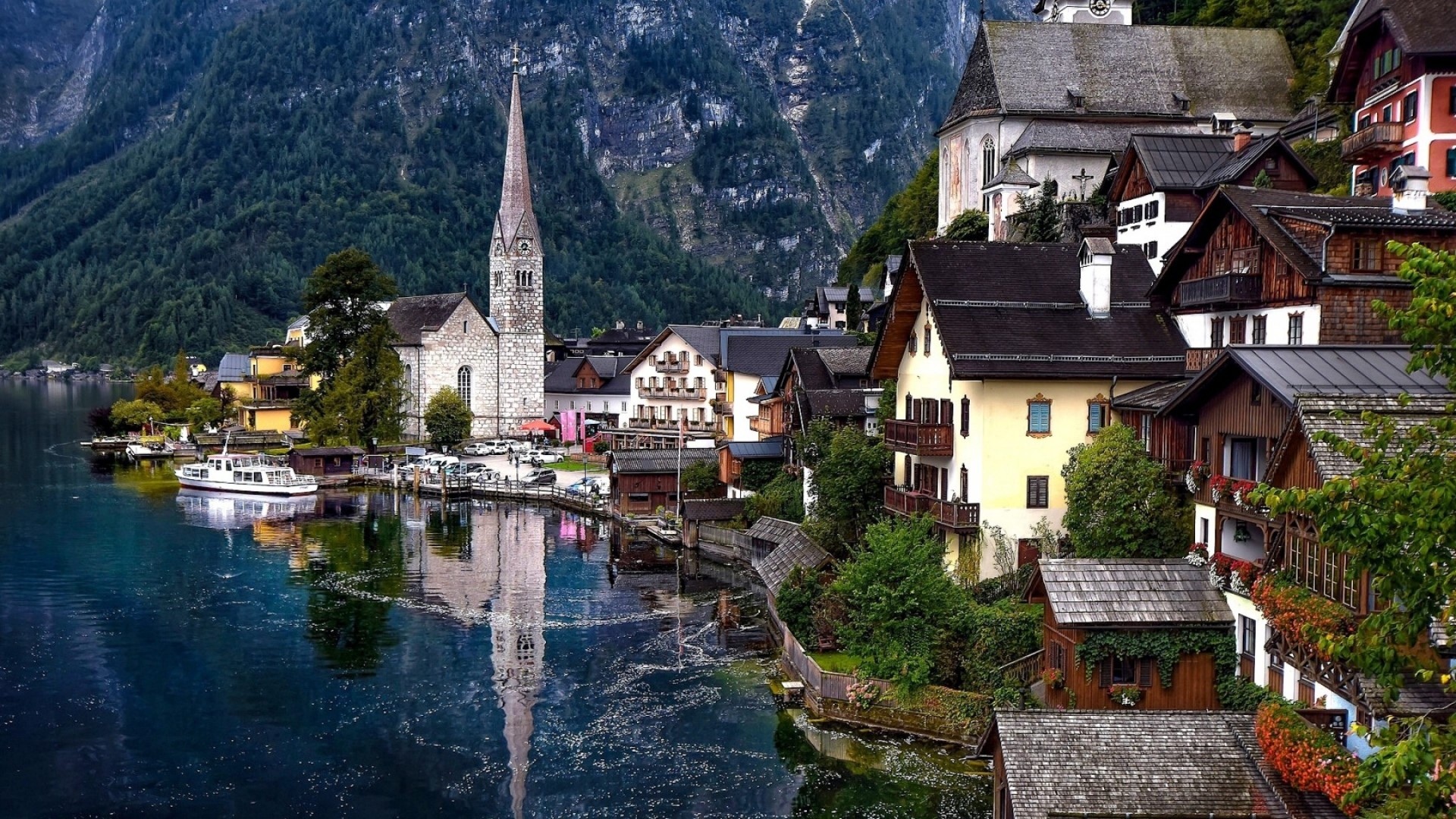 Hallstatt Austria Lakeside Village with Church HD Wallpaper