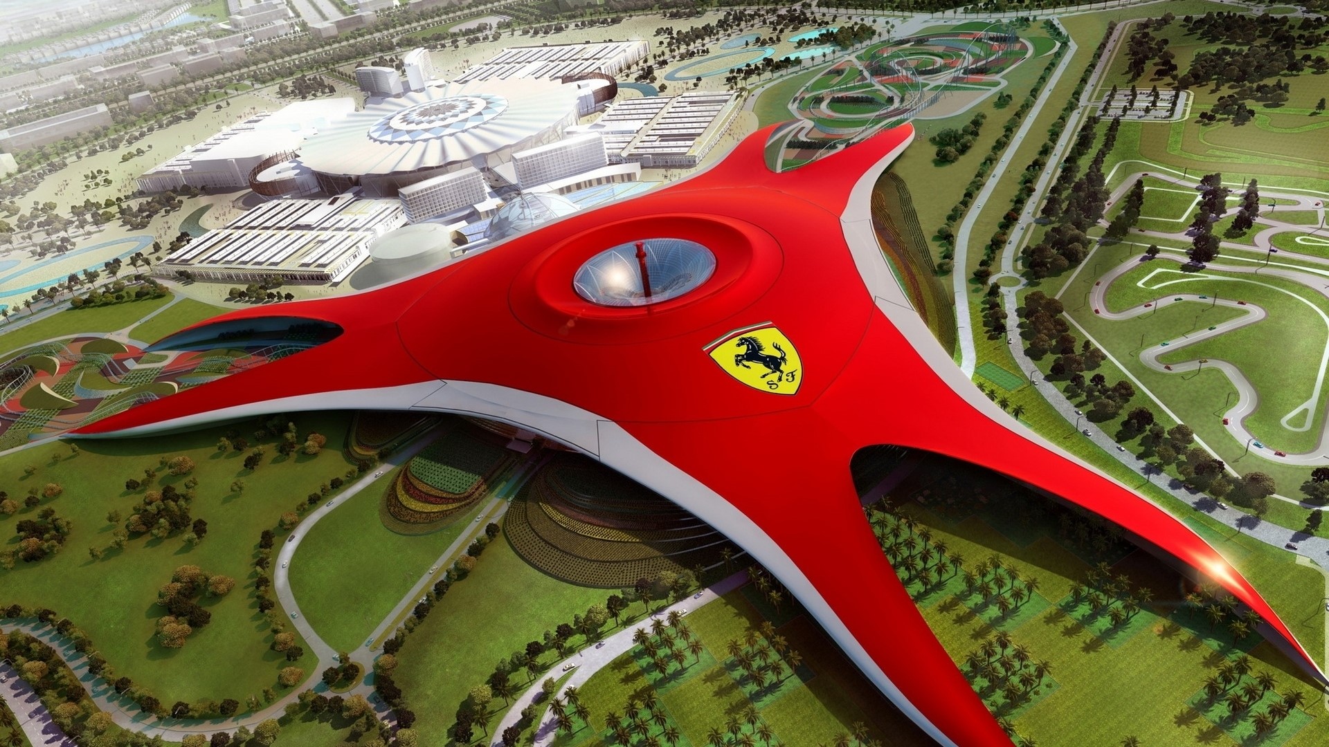 Ferrari World Abu Dhabi aerial view HD Wallpaper