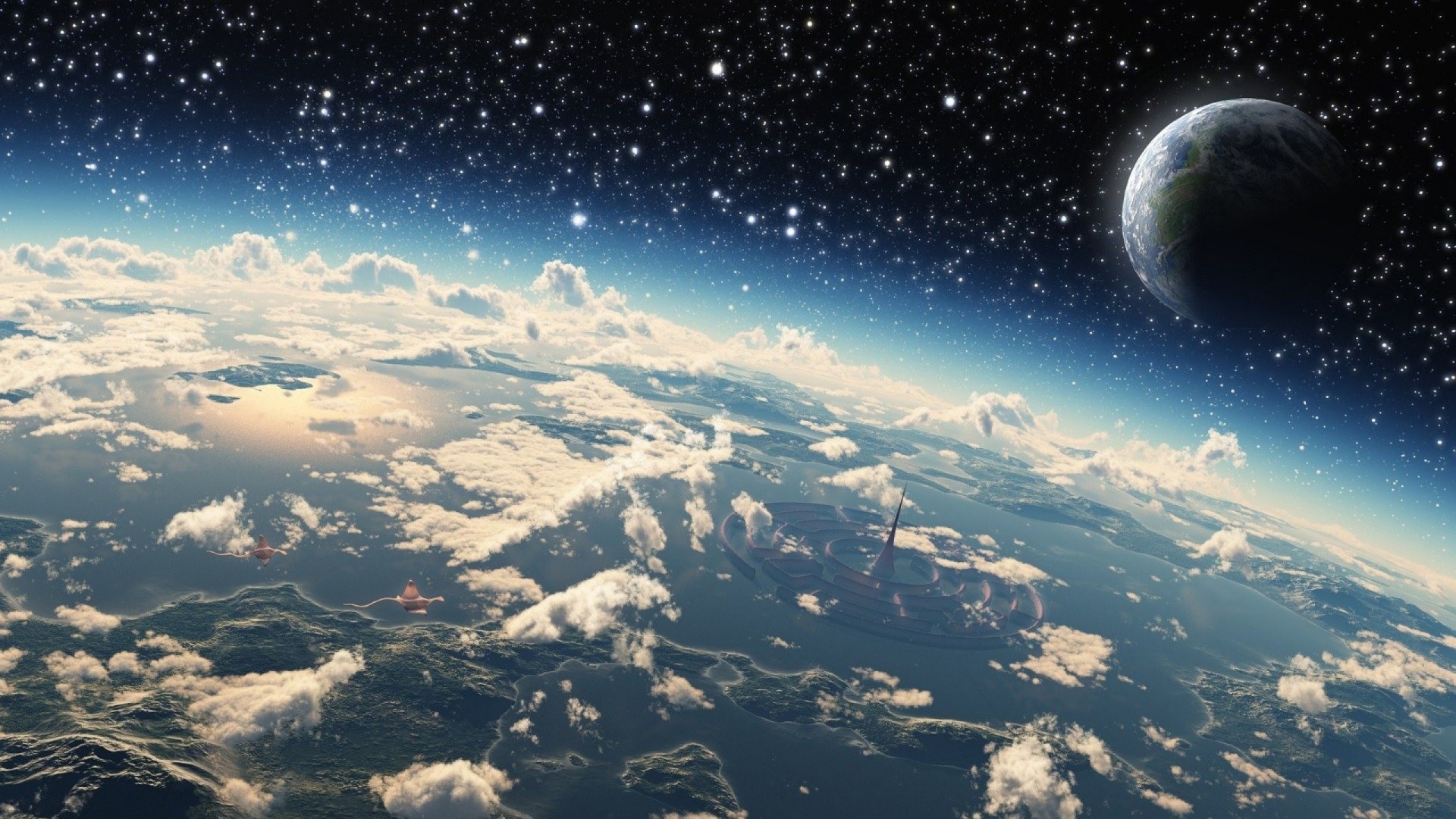 Earth from space with stars and clouds HD Wallpaper