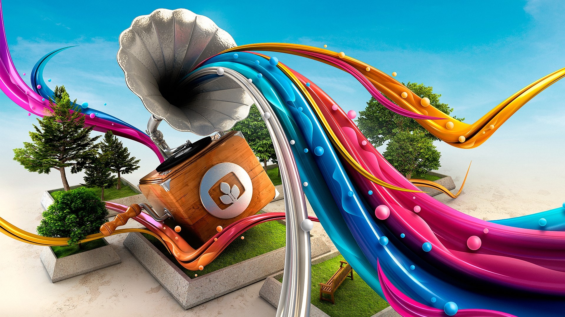 Abstract Gramophone with Colorful Swirls and Trees HD Wallpaper