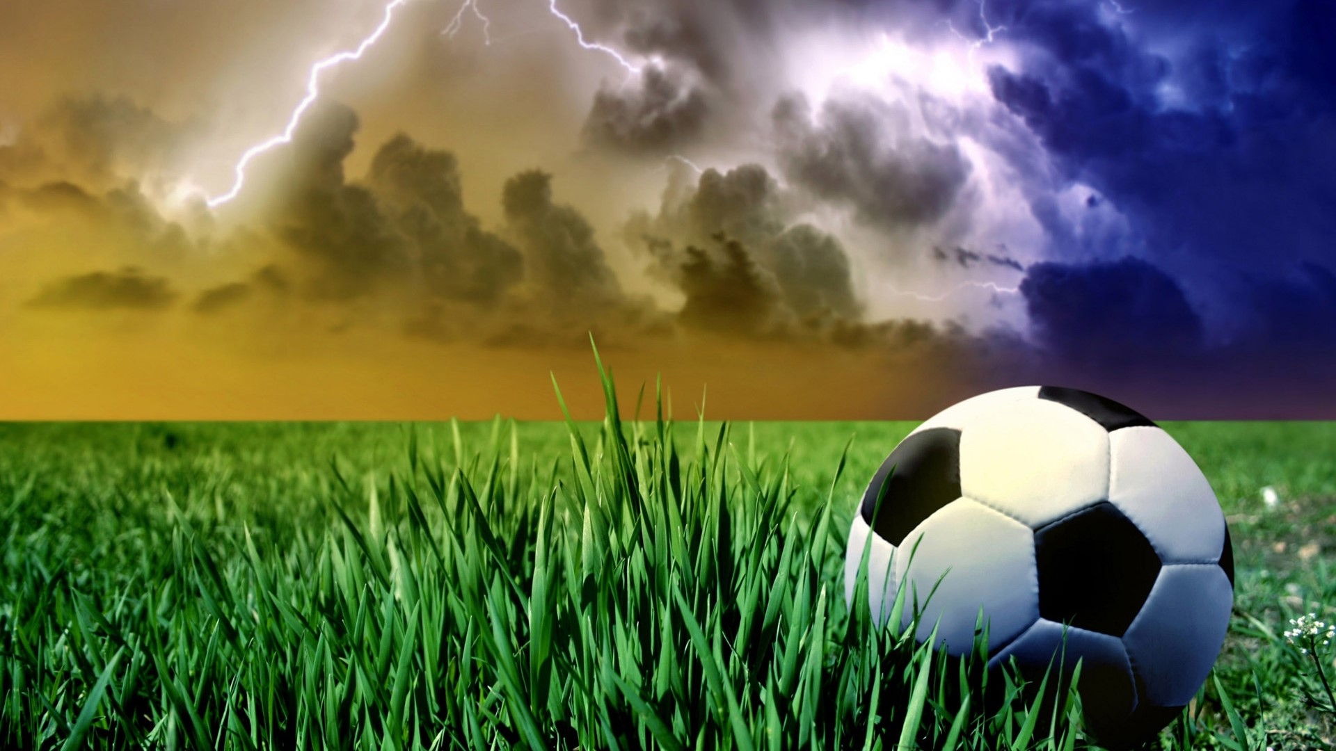 Soccer ball on grass with lightning storm HD Wallpaper
