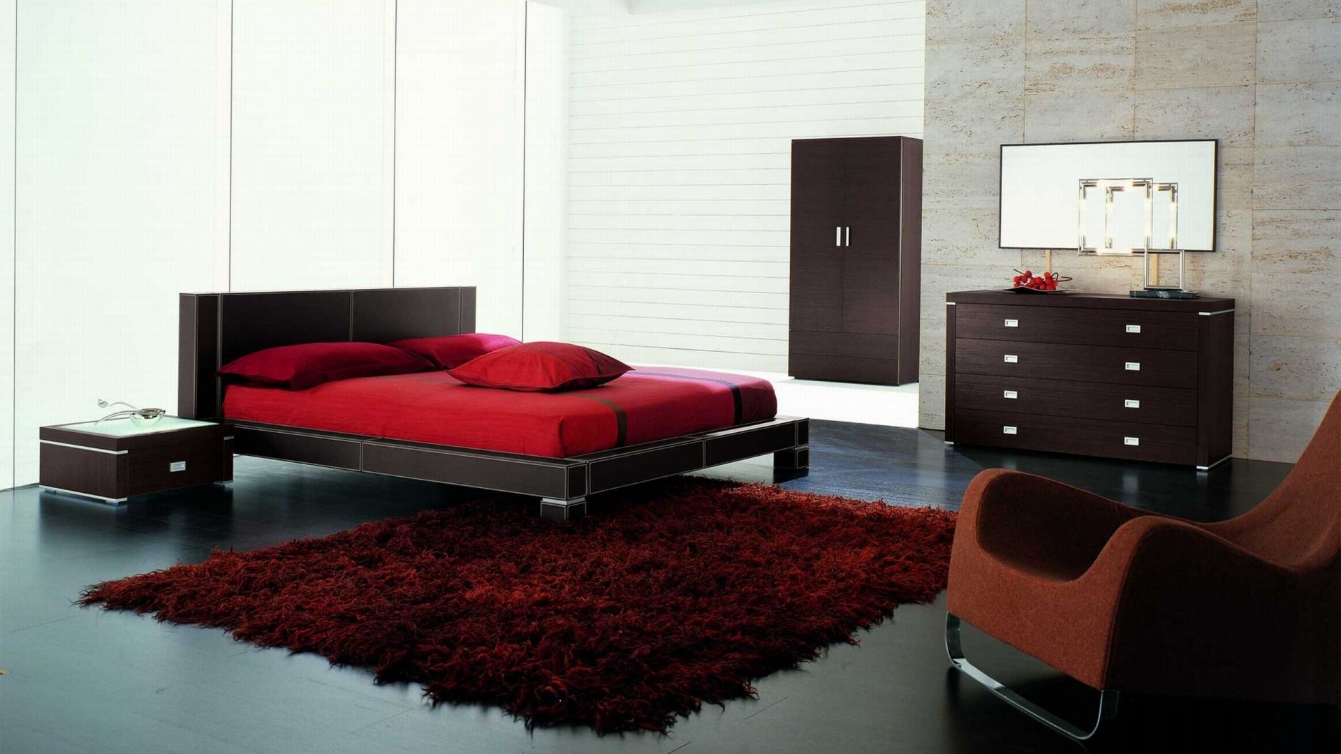 Modern Bedroom with Red Accents HD Wallpaper