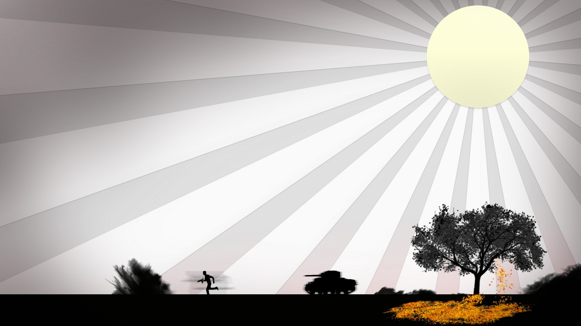 Silhouette of a soldier running from an explosion near a tank HD Wallpaper