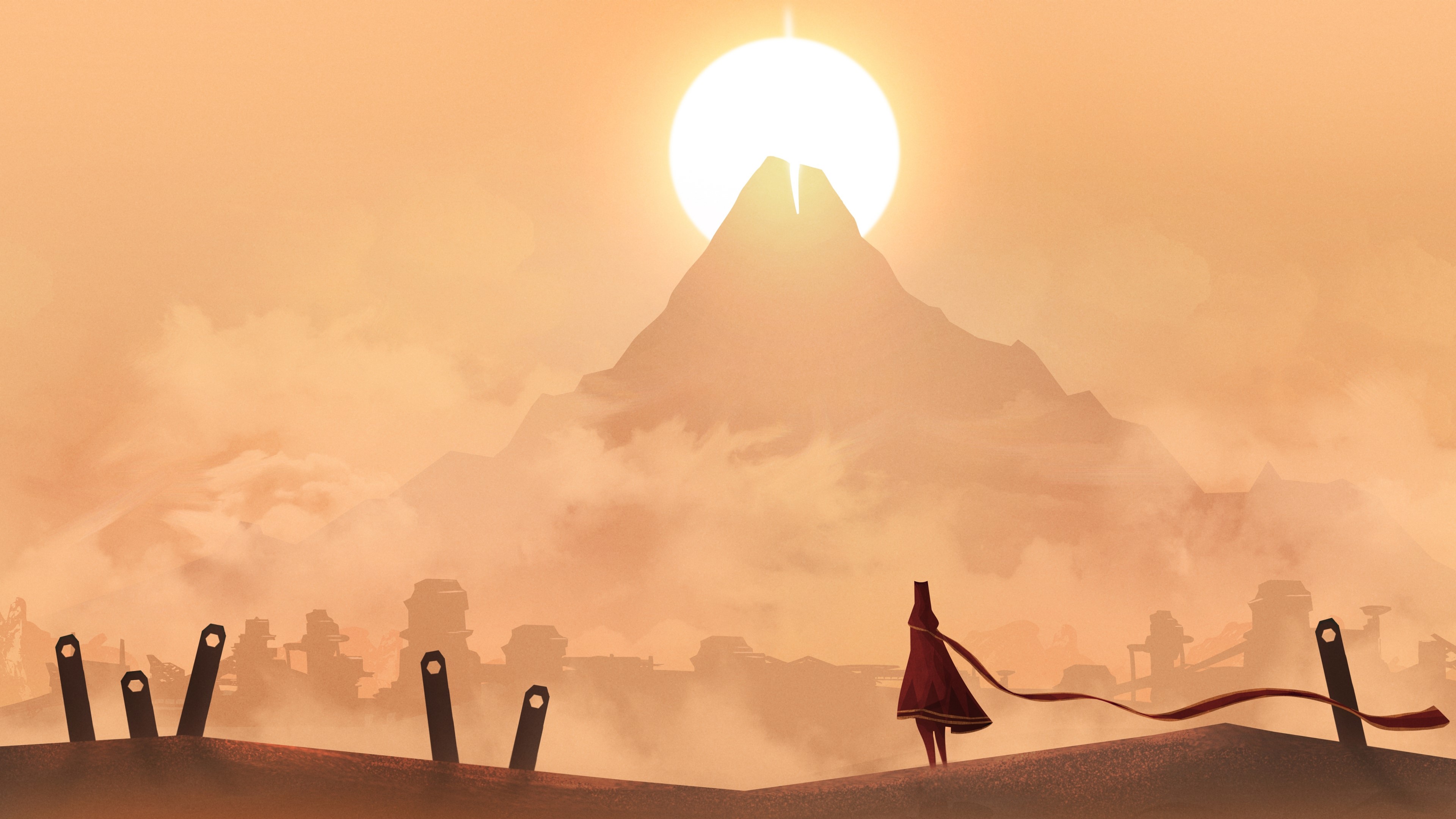 Journey desert landscape with mountain and sun HD Wallpaper