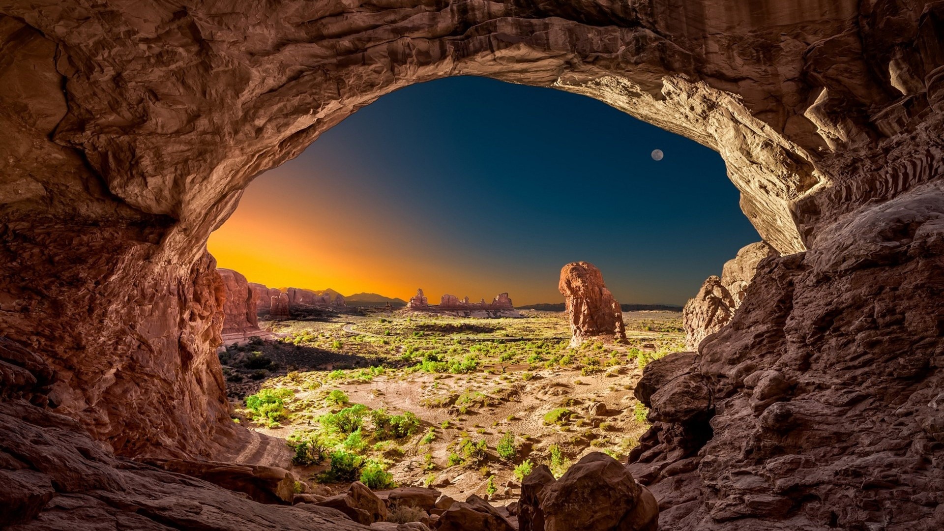 View from a cave in Arches National Park, Utah HD Wallpaper