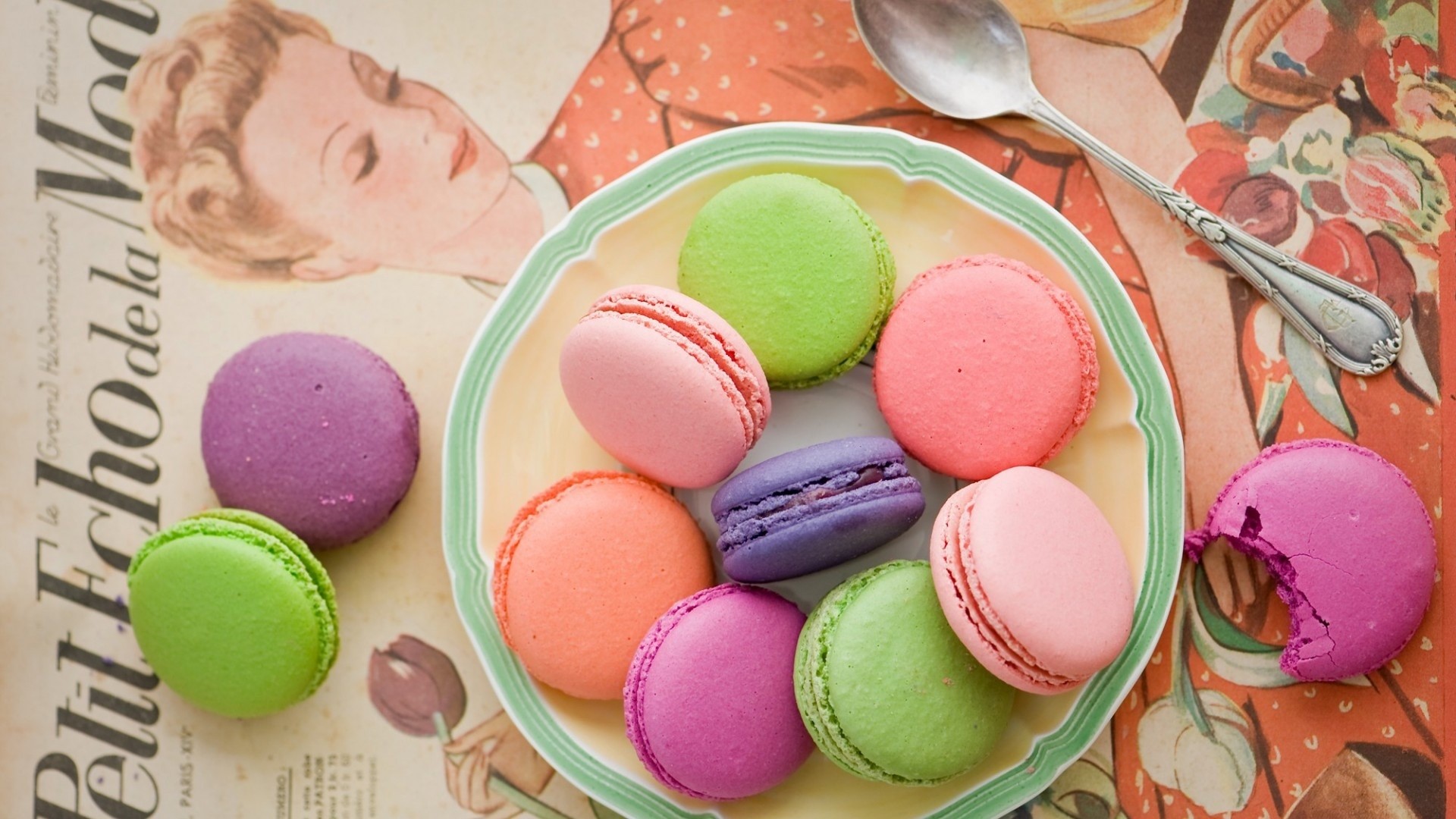 Colorful Macarons on a Plate with Vintage Illustration HD Wallpaper