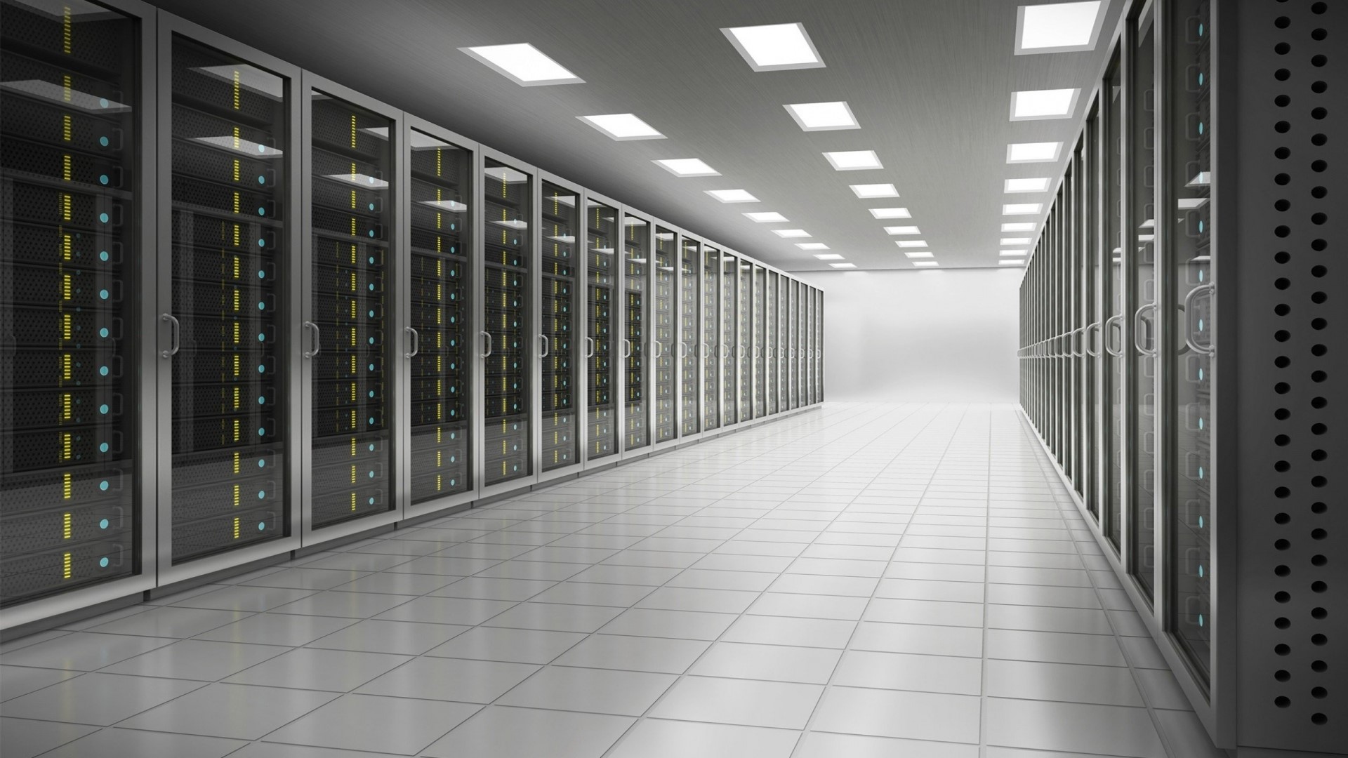 Data center with rows of server racks HD Wallpaper