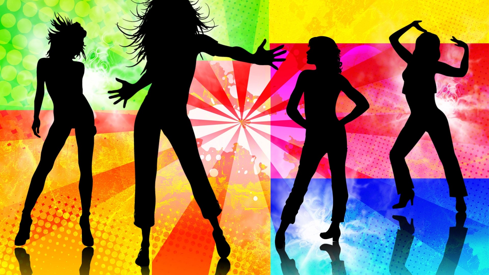 Four silhouetted women dancing against a colorful background HD Wallpaper