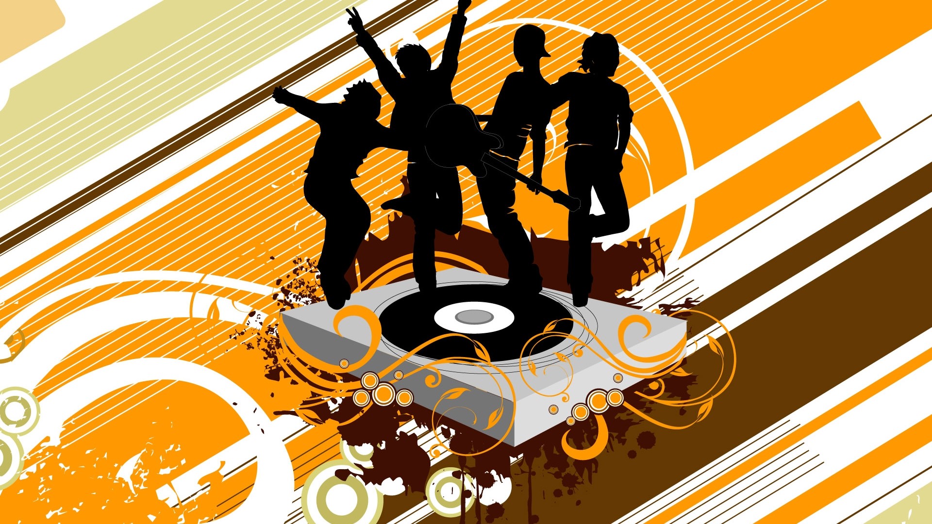 Silhouettes of people dancing on a turntable HD Wallpaper