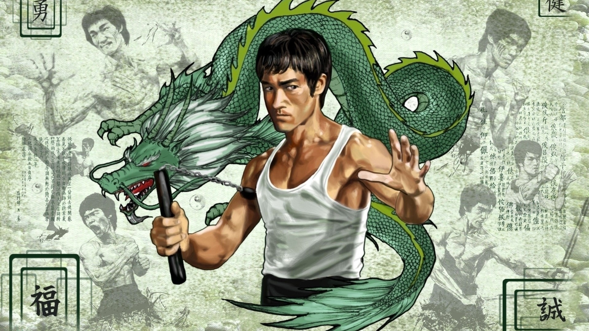Bruce Lee and Dragon with Nunchucks HD Wallpaper