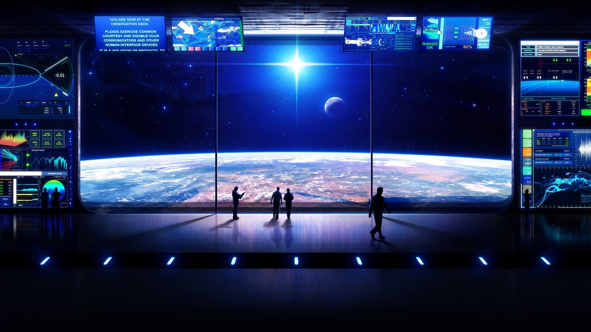Spaceship observation deck overlooking Earth HD Wallpaper