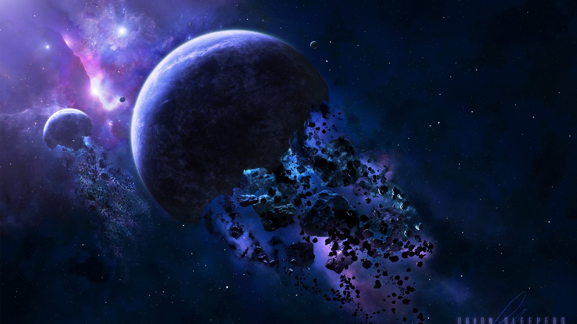 Space scene with planets and asteroids HD Wallpaper