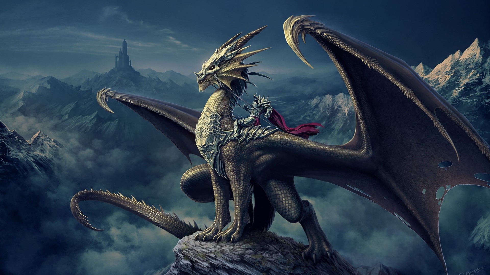Knight riding a dragon in a mountainous landscape HD Wallpaper
