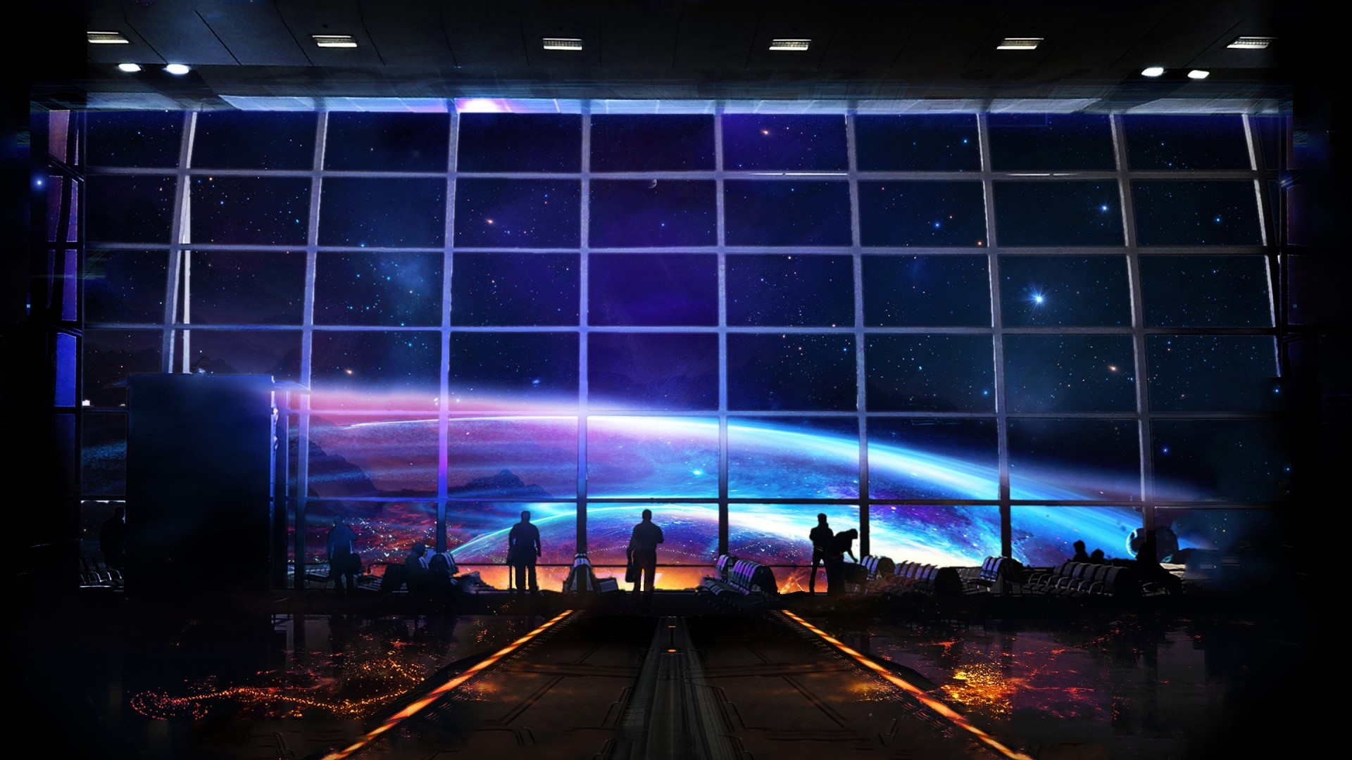 People in a futuristic station looking at a planet and stars HD Wallpaper