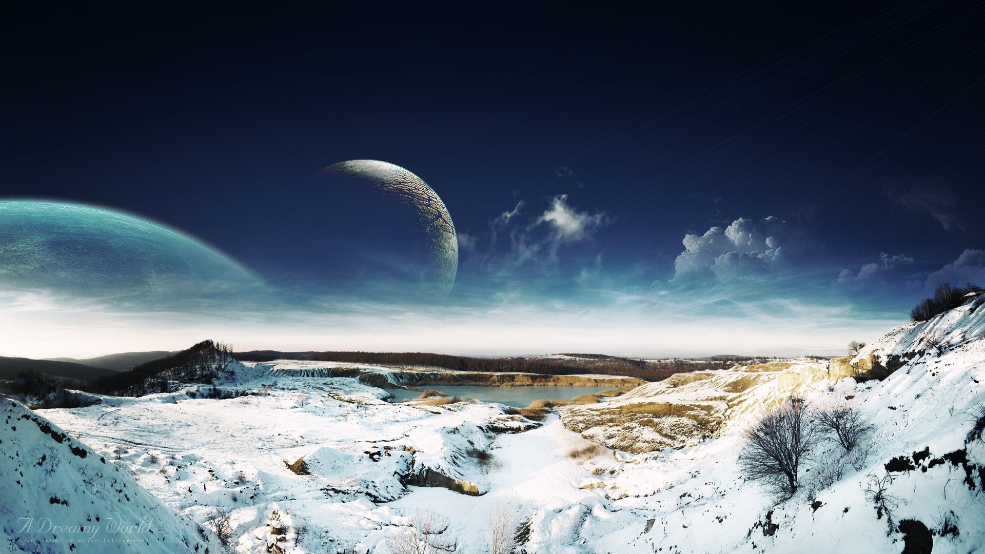 Dreamy Snow Landscape with Planets HD Wallpaper